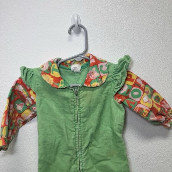 Sears Girl 6 Months Green 70s Corduroy Jumper Overalls Vintage Butterfly Clown - Picture 5 of 8